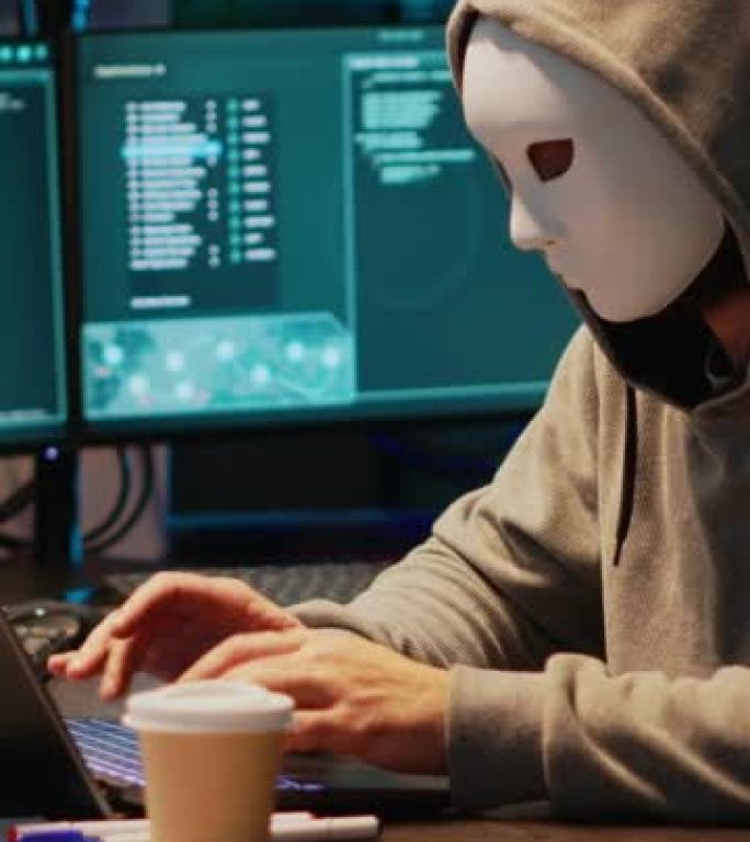 垂直视频: 带有面具黑客数据库服务器的IT小偷程序员
