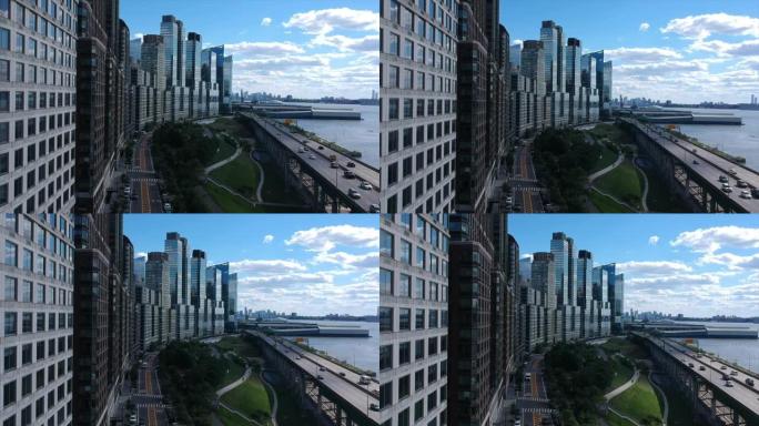 蓝天下密歇根湖附近芝加哥建筑物的垂直视图