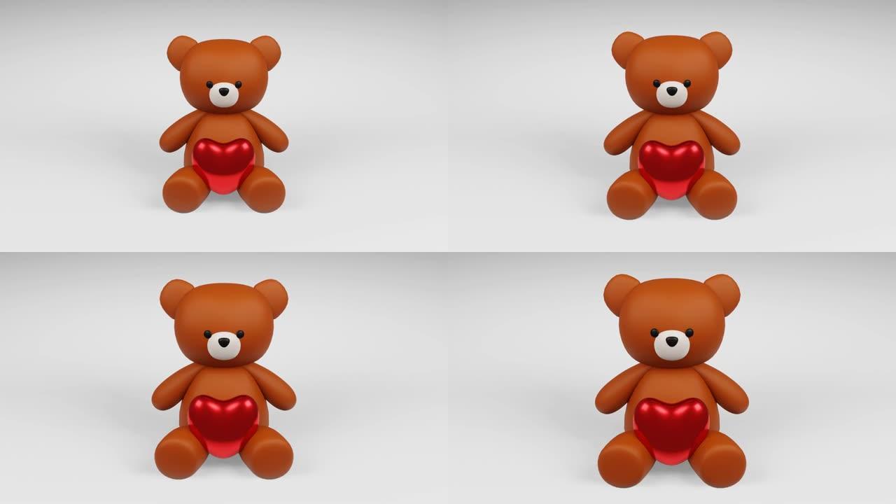 白色背景上有一颗可爱的棕色泰迪熊人物的数字3D渲染