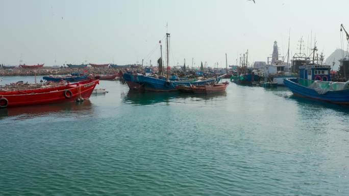 4K航拍渔人码头渔船港湾
