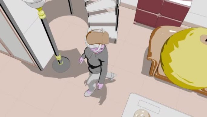 3d动画，一个卡通人物在家庭室内行走 (顶视图)