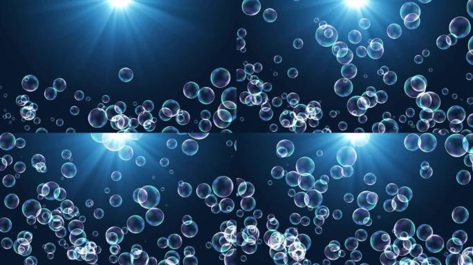 水下气泡随着太阳的影响而升起。水下阳光效应有上升的肥皂泡，水下阳光和气泡，肥皂泡飞行背景。循环动画肥