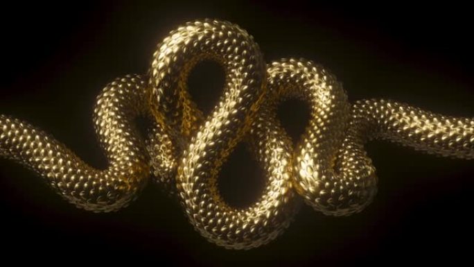 循环3d动画，带金色蛇环的抽象背景，闪亮的金属龙鳞纹理