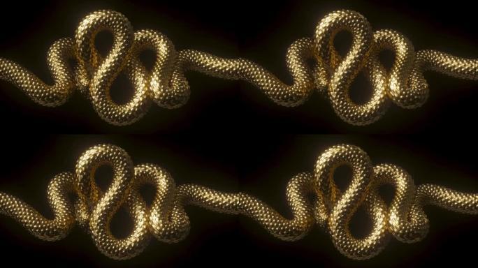 循环3d动画，带金色蛇环的抽象背景，闪亮的金属龙鳞纹理