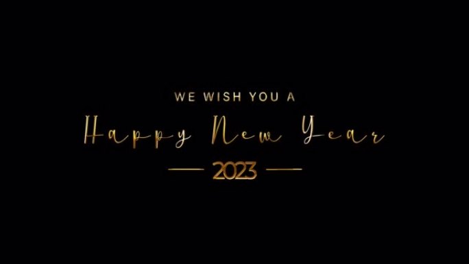 2023新年快乐金色文字与黑色背景上的灯光动画元素效果。4k无缝循环隔离透明视频动画文本与阿尔法通道