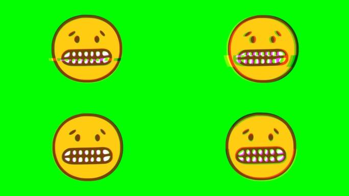 笑脸在绿色背景上显示牙齿毛刺效应。表情符号运动图形。