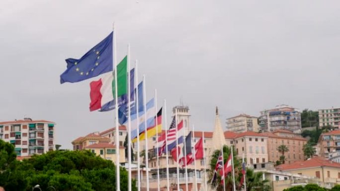 慢动作的世界旗帜。欧盟欧盟国家。意大利、法国、德国、英国、奥地利、瑞士。美国国旗美利坚合众国。阿根廷