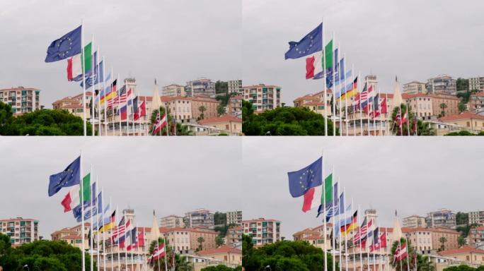 慢动作的世界旗帜。欧盟欧盟国家。意大利、法国、德国、英国、奥地利、瑞士。美国国旗美利坚合众国。阿根廷