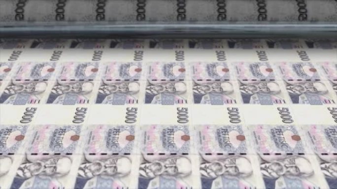 捷克，捷克克朗印刷机打印出当前5000克朗钞票，无缝循环，捷克货币背景，4K，聚焦深度Smoot和尼