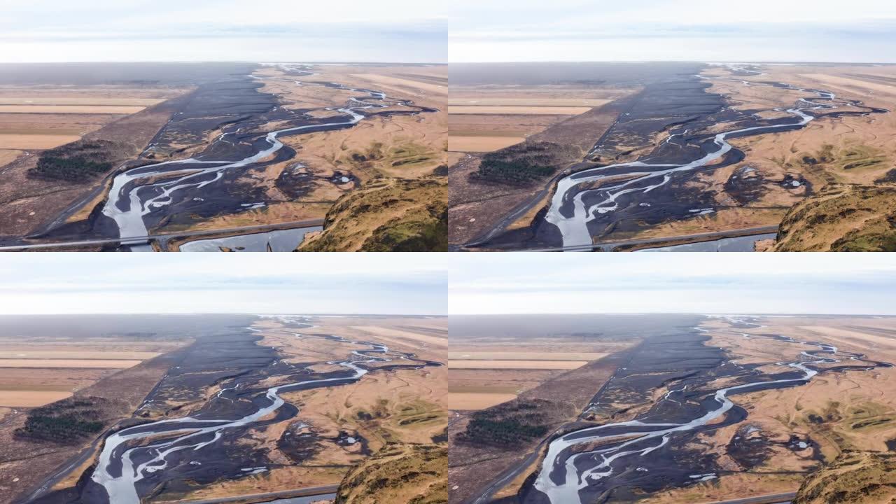 冰岛辫状河上的无人机