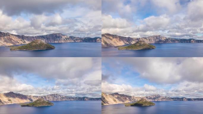 俄勒冈州火山口湖上方移动的云层的时间流逝
