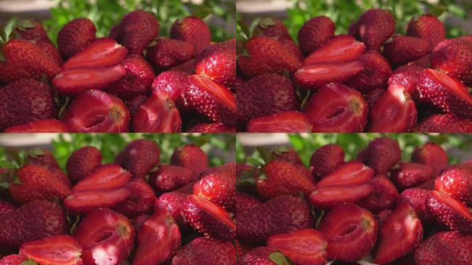 户外白色碗中摆放的红色甜草莓全景