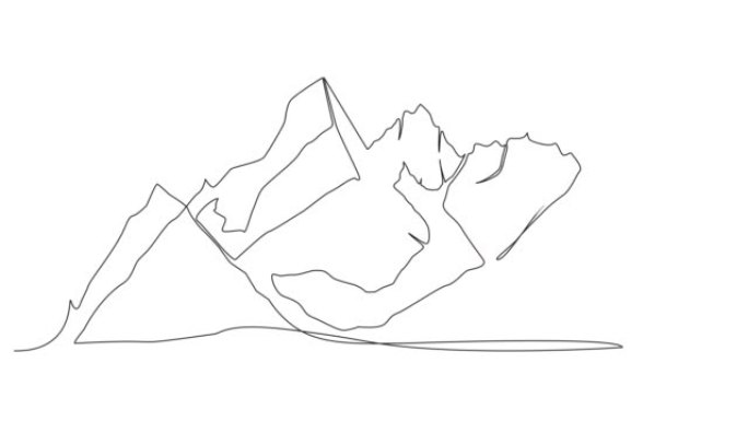 带小屋和树木的山地景观动画单连续线描