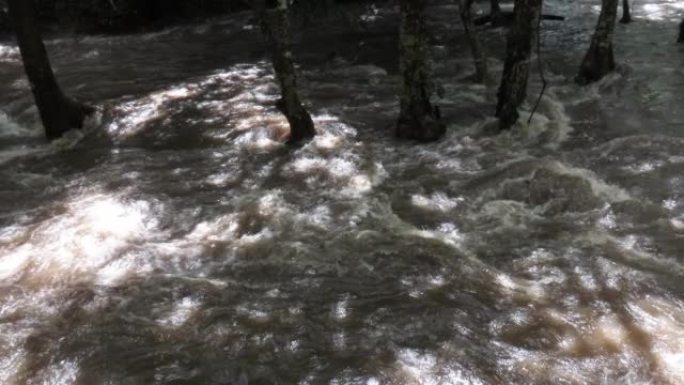 泥泞的洪水河中的溪流水