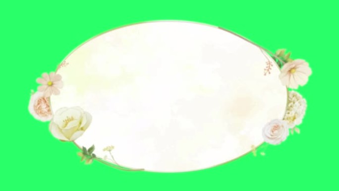 动画粉色花朵椭圆形框架与绿色背景。