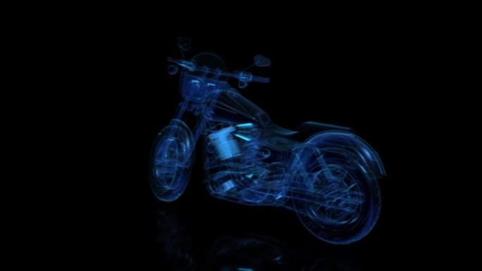 旋转摩托车。黑色和蓝色发光形成的模型摩托车360度。循环运动动画背景