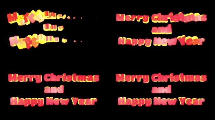 圣诞快乐，新年快乐红色文字。黑色背景上的4k动画。圣诞问候3D动画。