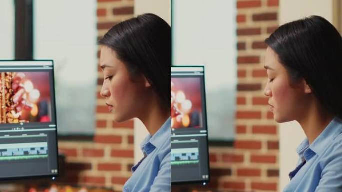 垂直视频: 亚洲电影制片人在多显示器上编辑视频和音频片段