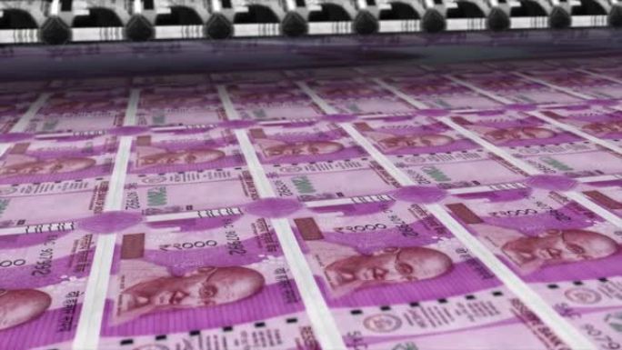印度，印度卢比印刷机打印出当前2000卢比钞票，无缝循环，印度货币背景，4K，聚焦深度Smoot和尼