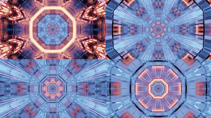 3D渲染未来万花筒走廊，朝向4k彩色霓虹灯的门户