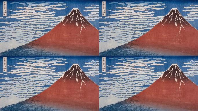 日式冬季山地景观浮世绘动态背景富士山画作