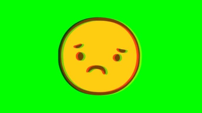 绿色背景上的悲伤表情符号故障效果。有趣的角色。表情符号运动图形。
