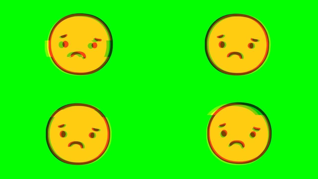 绿色背景上的悲伤表情符号故障效果。有趣的角色。表情符号运动图形。