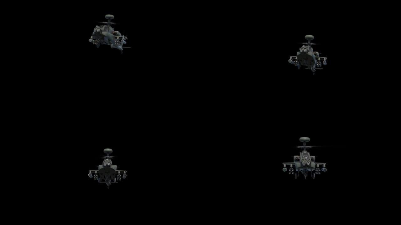 军用直升机在相机飞行逼真的直升机动画。透明Alpha视频剪辑