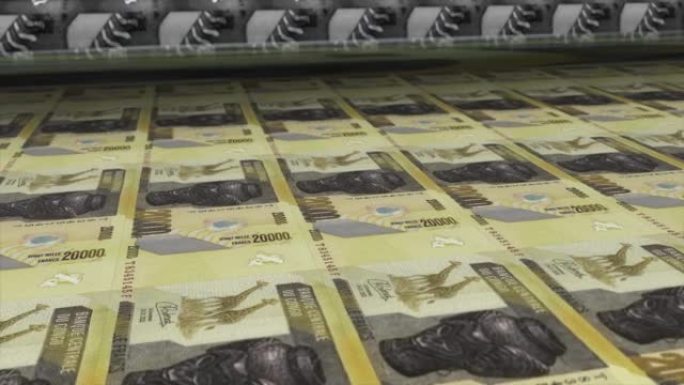 安哥拉，刚果法郎印刷机打印出当前20000法郎钞票，无缝循环，刚果货币背景，4K，聚焦深度Smoot