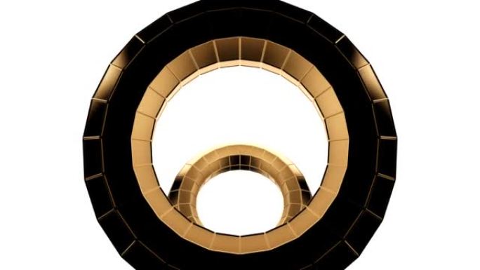 白色背景上流动相同大小的金色金属戒指。设计。工艺圆型隧道，无缝环路。
