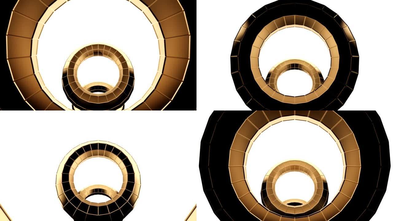 白色背景上流动相同大小的金色金属戒指。设计。工艺圆型隧道，无缝环路。