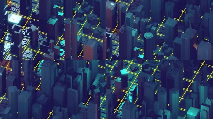 带有线条和数字元素的3d城市渲染。数字摩天大楼。