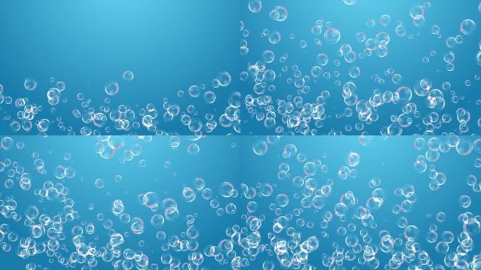 水下气泡随着太阳的影响而升起。水下阳光效应有上升的肥皂泡，水下阳光和气泡，肥皂泡飞行背景。循环动画肥