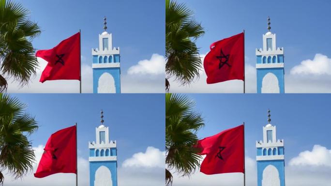蓝白相间的清真寺尖塔上飘扬着摩洛哥国旗