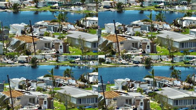 佛罗里达移动房屋住宅区被飓风伊恩房屋严重破坏。自然灾害的后果