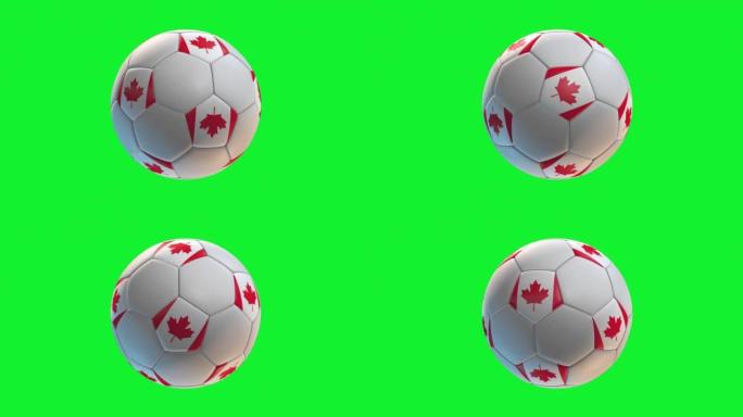 加拿大国旗足球，绿屏背景循环阿尔法。3D渲染
