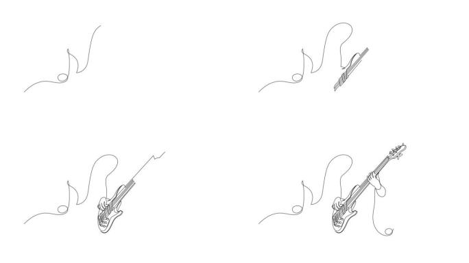 男子弹吉他的连续线条画，音乐音符孤立在白色背景上。全长度自画动画。