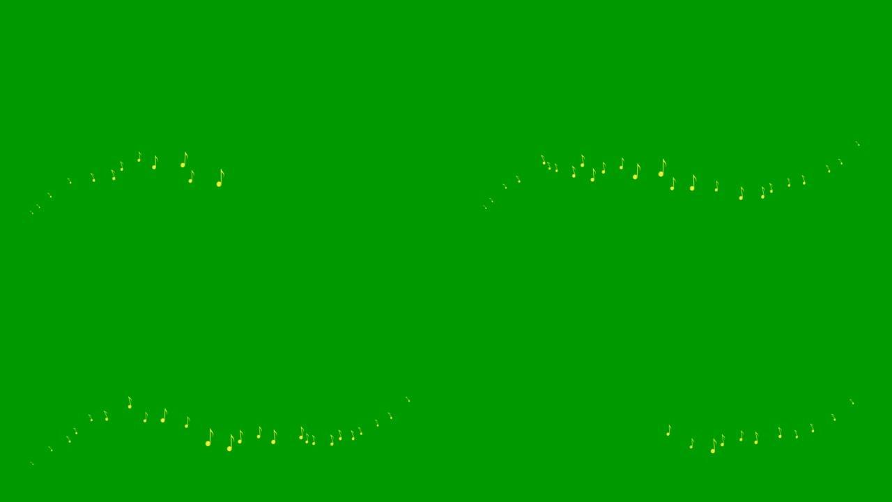 动画金色音符从左到右飞行。一波飞扬的音符。音乐的概念。矢量插图孤立在绿色背景上。