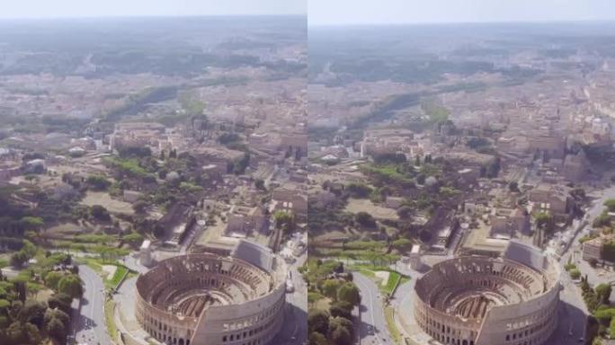罗马的罗马斗兽场和帝国论坛围绕罗马斗兽场进行了美丽的空中射击。垂直视频。
