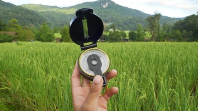 孩子的手在绿色的稻田里握着指南针。