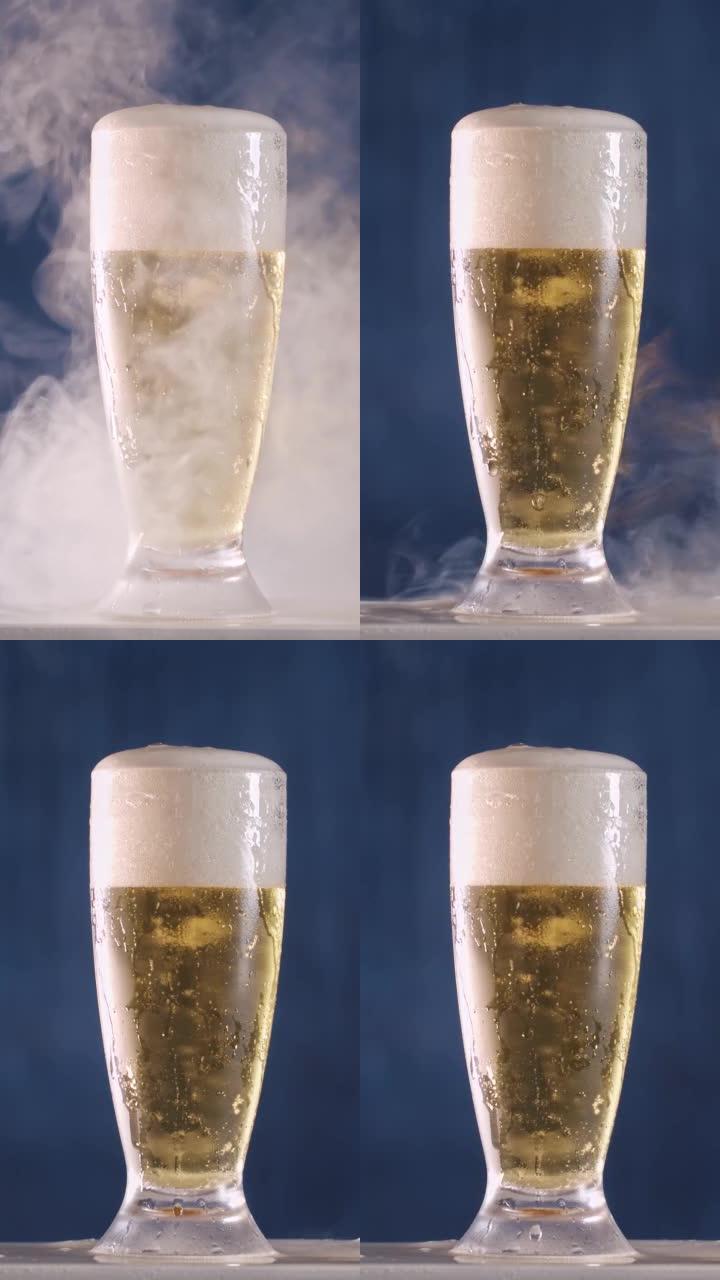 淡淡的啤酒在玻璃杯中滴着。精酿啤酒特写。垂直视频。