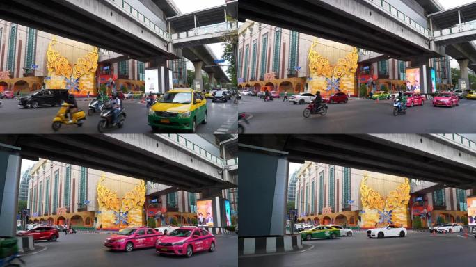 曼谷市中区日间交通街十字路口慢动作全景4k泰国
