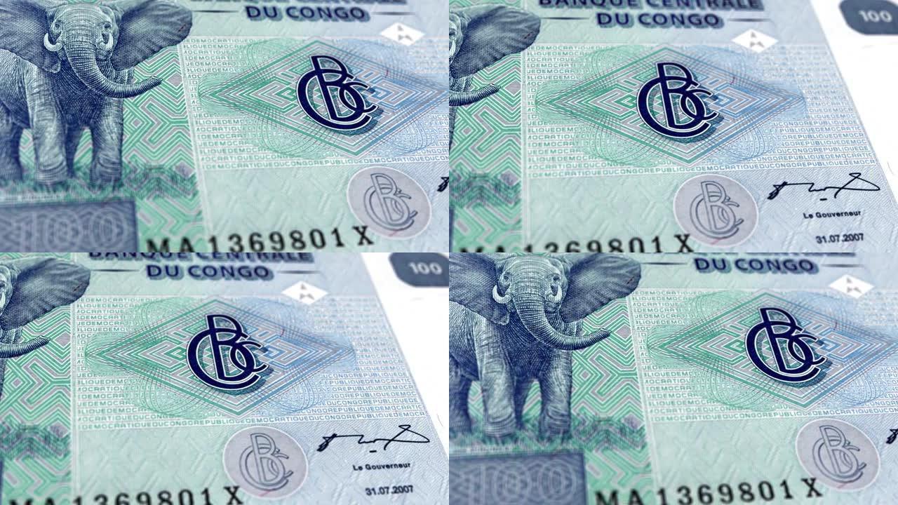 刚果民主共和国刚果法郎100钞票，一百刚果法郎，刚果法郎的特写和宏观视图，跟踪和多利镜头100刚果法