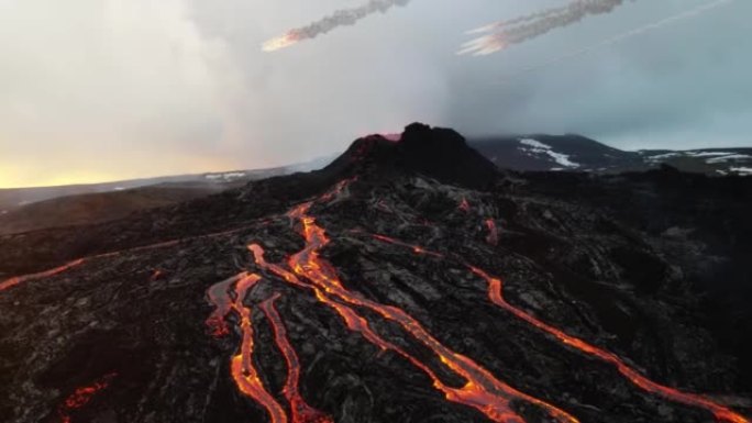 小行星流星从冰岛火山上空坠落，鸟瞰图