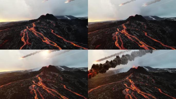 小行星流星从冰岛火山上空坠落，鸟瞰图