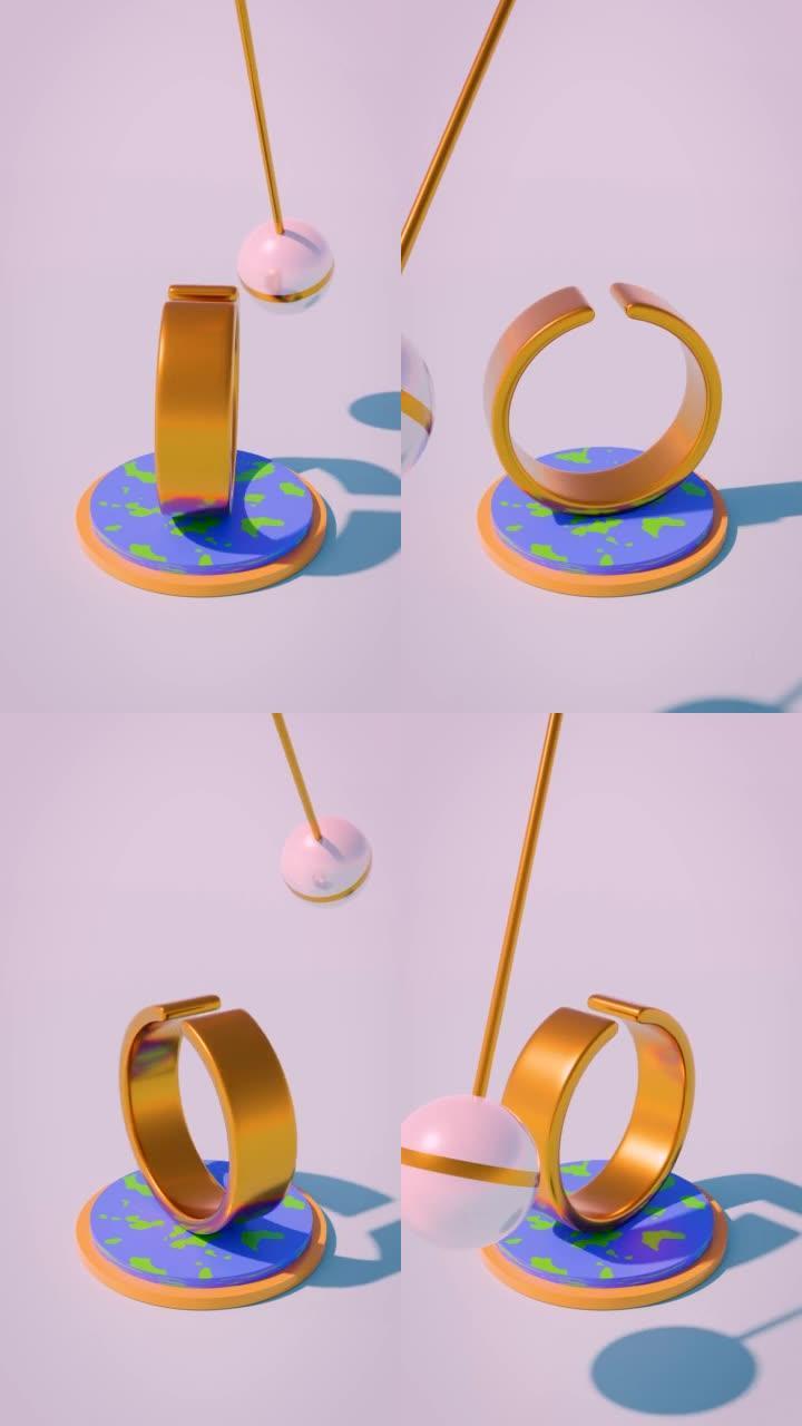 在旋转的金戒指上摆动的珍珠球体的3D渲染动画