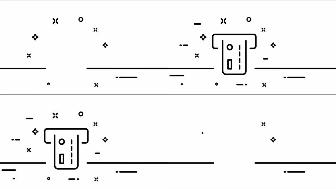 带银行卡的自动取款机。财务管理，收银机，无现金支付，工资，预支现金。商业概念。一个线条画动画。运动设