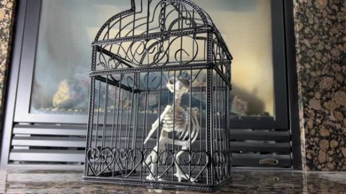鸟骨架坐在笼子里万圣节如火如荼的特写万圣节装饰相机静态不动上面的链条骨架是惊人的大理石瓷砖在背景