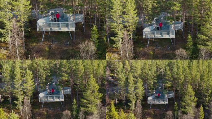 挪威龙达国家公园松树林中男女停留在视点的空中4k镜头