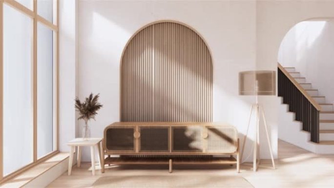 橱柜木制日本设计在客厅瓦比萨比风格空墙背景下。3d渲染